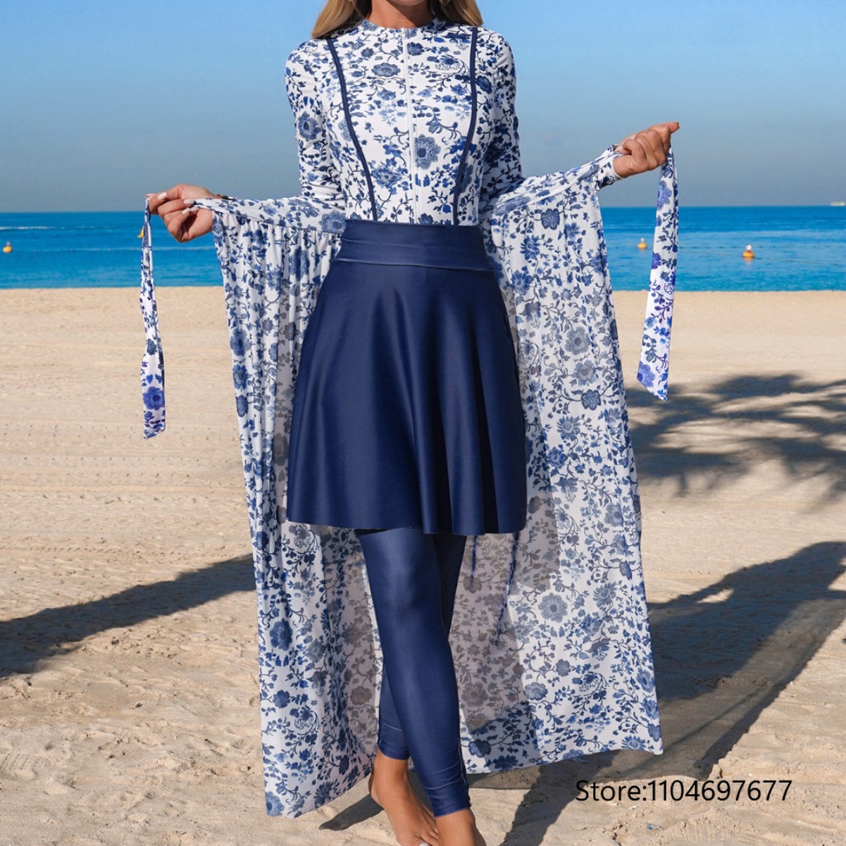 Snorkel Dry Top - 4-teiliger hochwertiger Burkini-Badeanzug für Damen, Porzellan-Design,